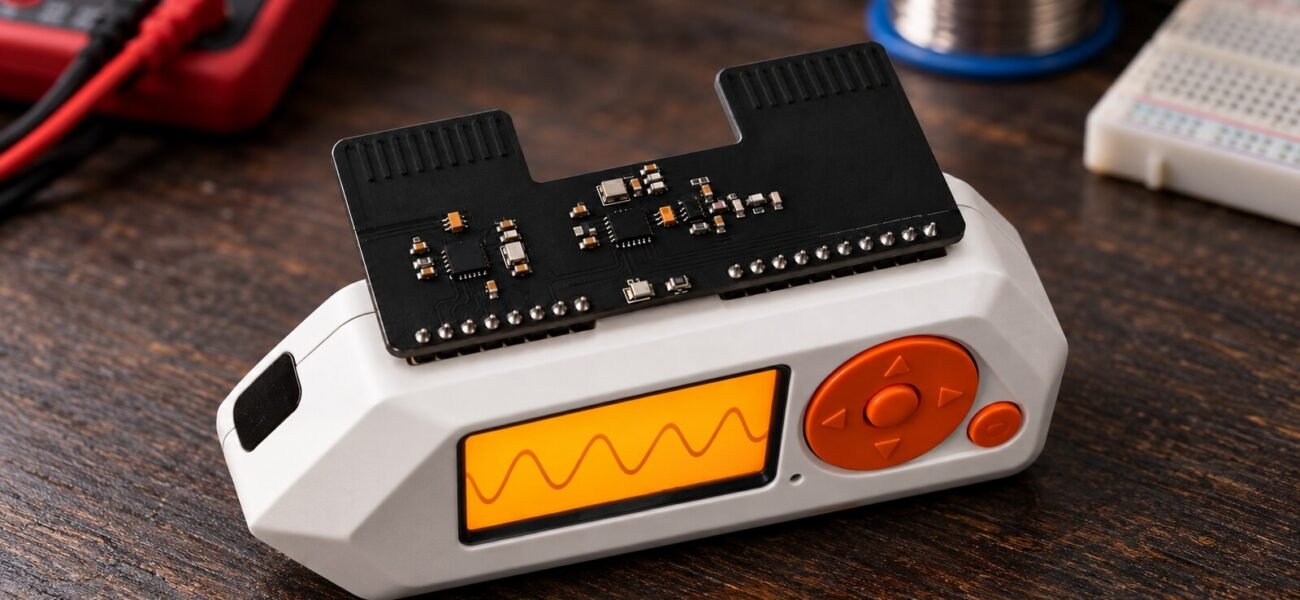 Flipper Zero with the Electronic Cats Sub-GHz and LoRa add-on mounted on its GPIO header, on a workbench