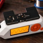 Flipper Zero with the Electronic Cats Sub-GHz and LoRa add-on mounted on its GPIO header, on a workbench