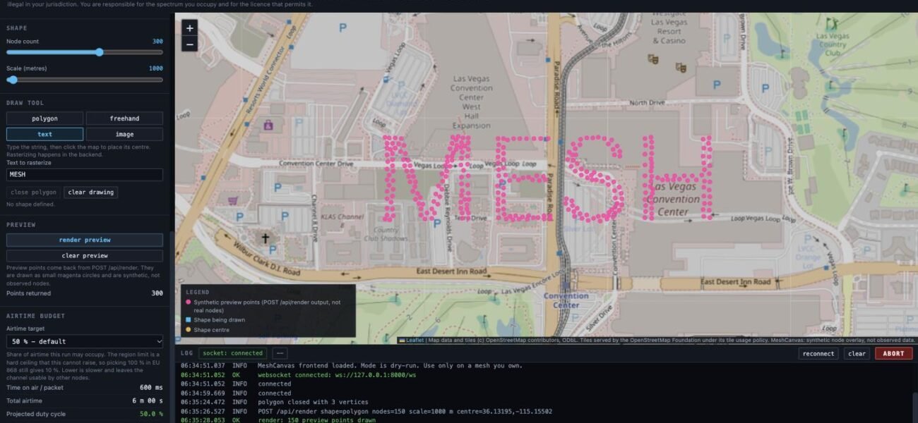 MeshCanvas preview: the text MESH rendered as 300 synthetic Meshtastic nodes over a map