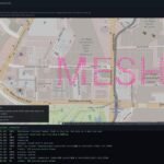 MeshCanvas preview: the text MESH rendered as 300 synthetic Meshtastic nodes over a map