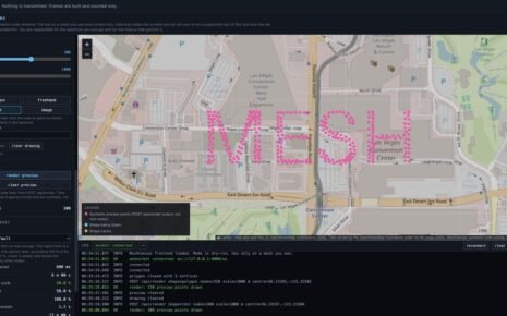 MeshCanvas preview: the text MESH rendered as 300 synthetic Meshtastic nodes over a map