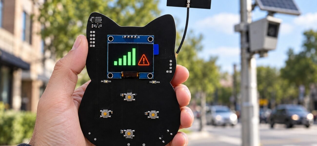 Minino in hand showing a detection alert, with a plate-reading camera on a street pole in the background