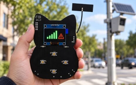 Minino in hand showing a detection alert, with a plate-reading camera on a street pole in the background
