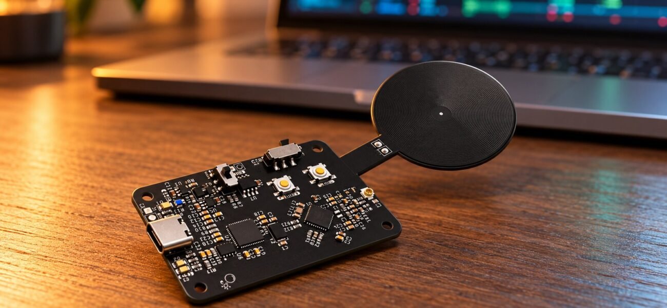 BomberCat board with its NFC antenna in front of a laptop showing captured traffic