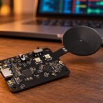 BomberCat board with its NFC antenna in front of a laptop showing captured traffic