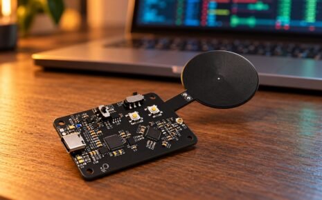 BomberCat board with its NFC antenna in front of a laptop showing captured traffic