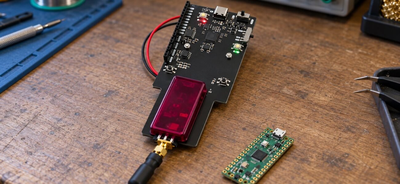 Faulty Cat V2.2 on a workbench with its EMFI antenna pointed at a Raspberry Pi Pico
