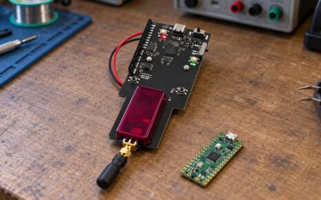 Faulty Cat V2.2 on a workbench with its EMFI antenna pointed at a Raspberry Pi Pico